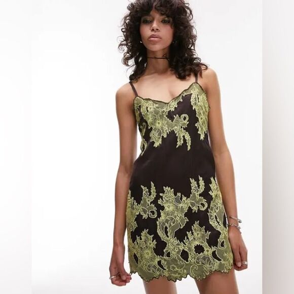 Topshop Satin and Lace Cami Mini Dress in Chocolate and lime-Brown - Picture 3 of 12